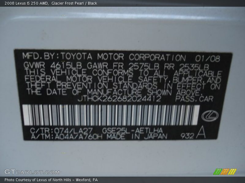 Glacier Frost Pearl / Black 2008 Lexus IS 250 AWD