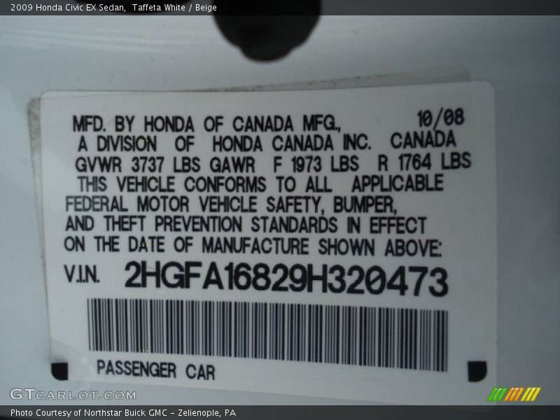 Taffeta White / Beige 2009 Honda Civic EX Sedan