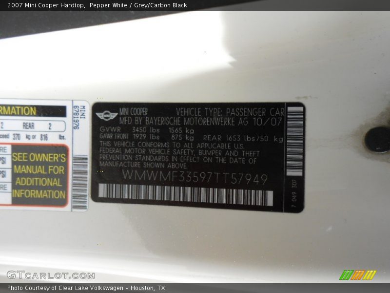 Pepper White / Grey/Carbon Black 2007 Mini Cooper Hardtop