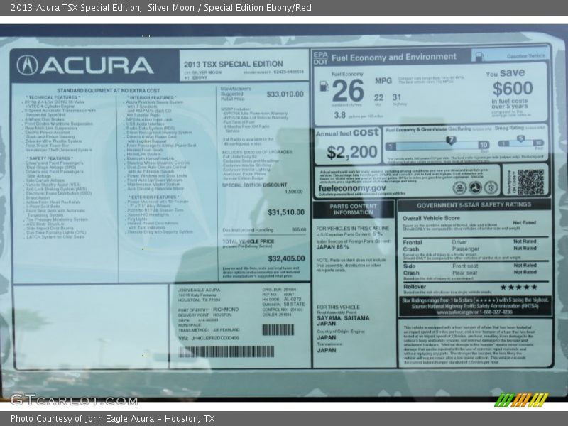  2013 TSX Special Edition Window Sticker