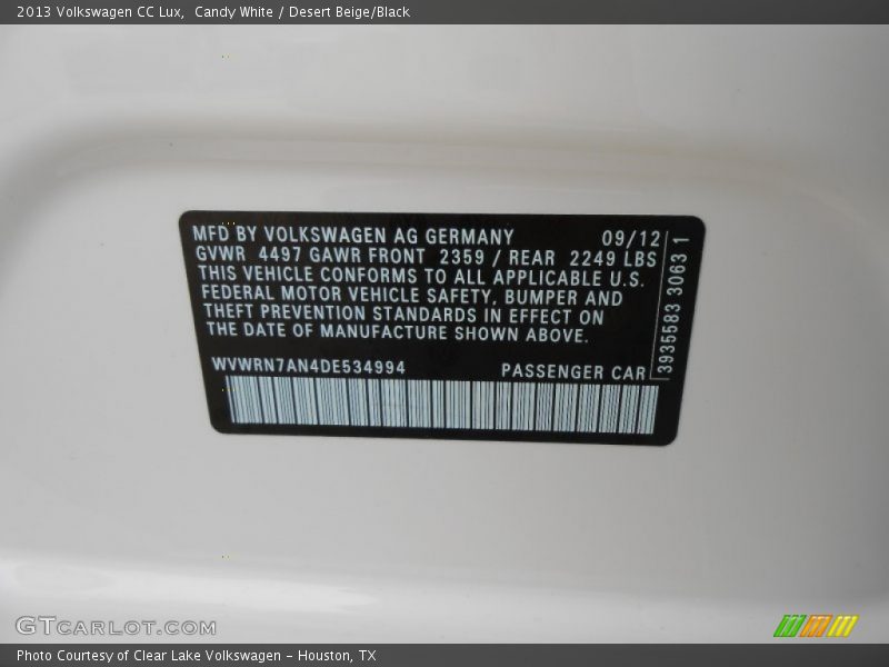 Candy White / Desert Beige/Black 2013 Volkswagen CC Lux
