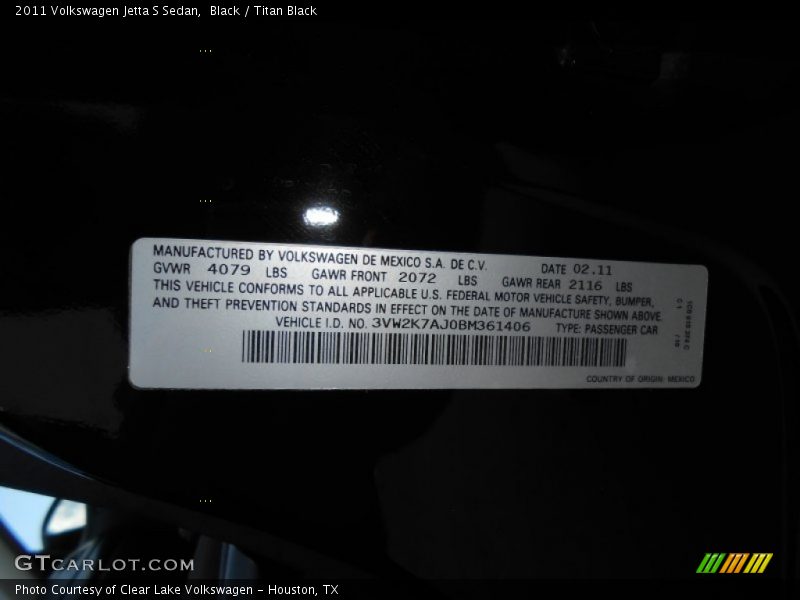 Black / Titan Black 2011 Volkswagen Jetta S Sedan
