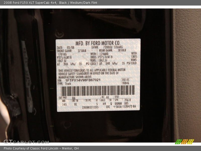 2008 F150 XLT SuperCab 4x4 Black Color Code UA