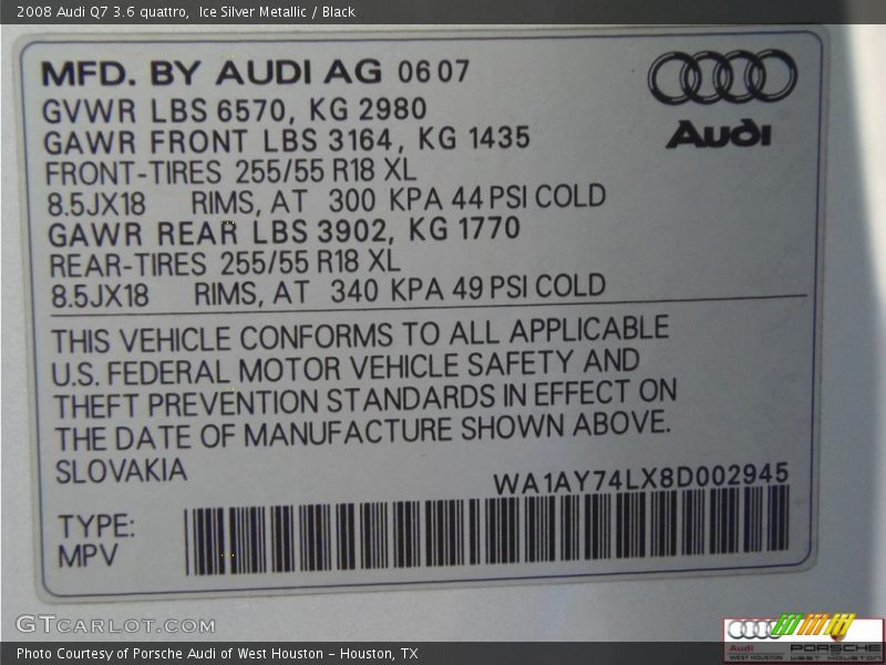 Ice Silver Metallic / Black 2008 Audi Q7 3.6 quattro
