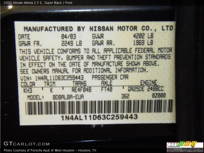 Super Black / Frost 2003 Nissan Altima 2.5 S
