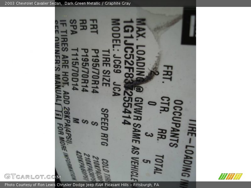 Dark Green Metallic / Graphite Gray 2003 Chevrolet Cavalier Sedan