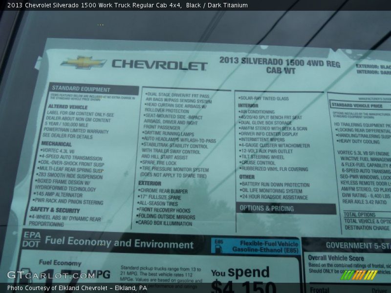  2013 Silverado 1500 Work Truck Regular Cab 4x4 Window Sticker