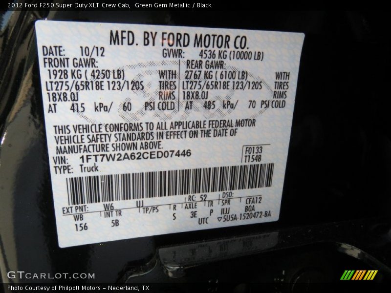 2012 F250 Super Duty XLT Crew Cab Green Gem Metallic Color Code W6