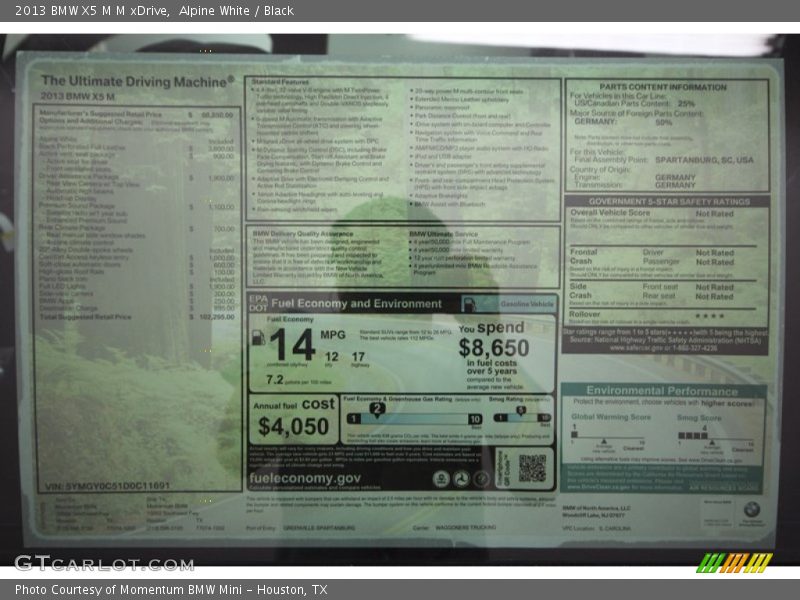  2013 X5 M M xDrive Window Sticker