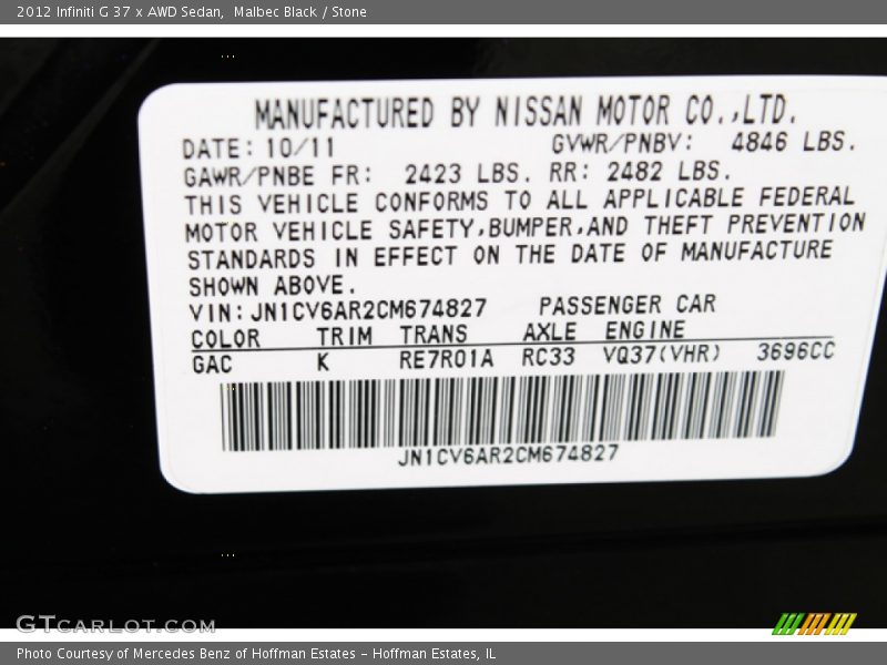 2012 G 37 x AWD Sedan Malbec Black Color Code GAC