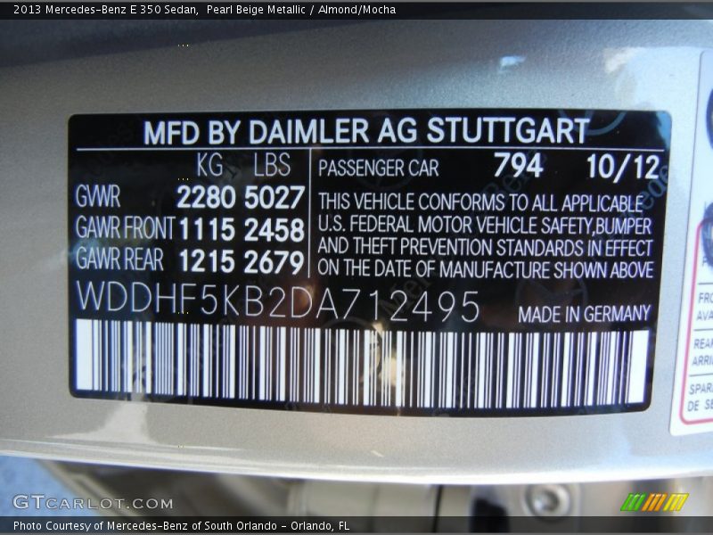 2013 E 350 Sedan Pearl Beige Metallic Color Code 794
