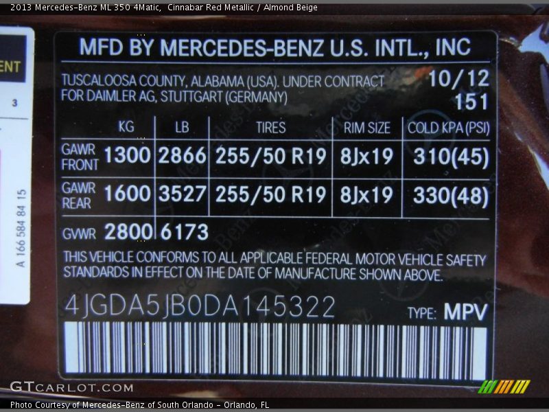 Cinnabar Red Metallic / Almond Beige 2013 Mercedes-Benz ML 350 4Matic