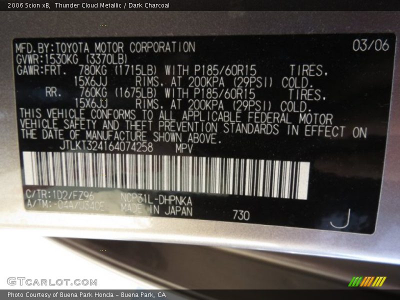 2006 xB  Thunder Cloud Metallic Color Code 1D2