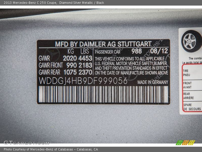 2013 C 250 Coupe Diamond Silver Metallic Color Code 988
