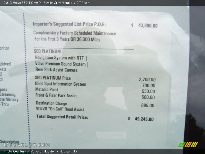  2013 S60 T6 AWD Window Sticker