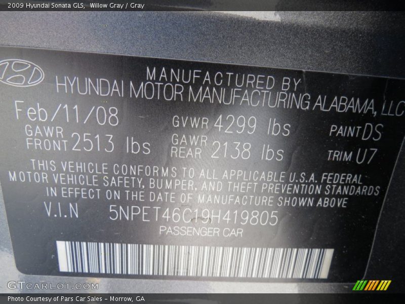 2009 Sonata GLS Willow Gray Color Code DS