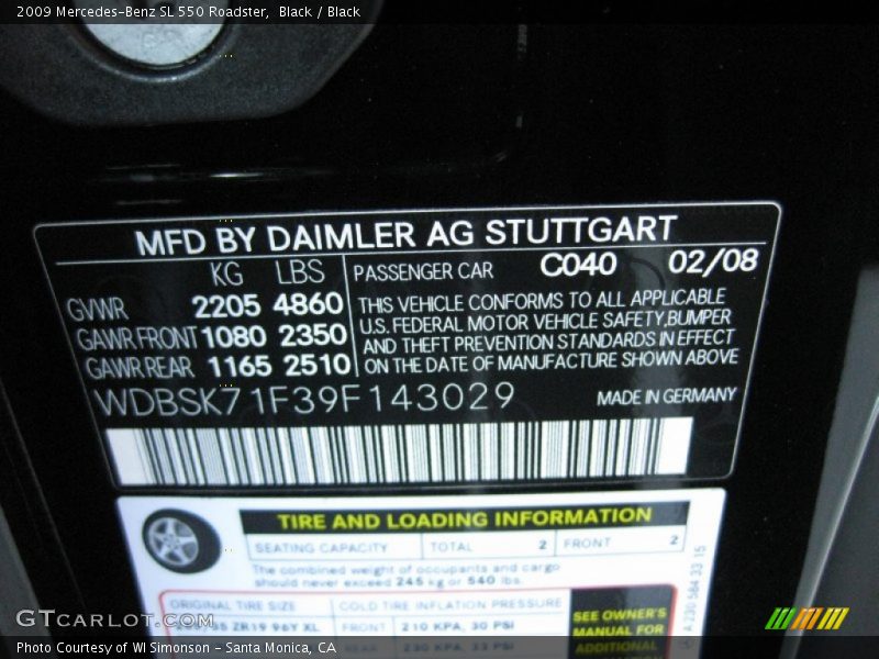 2009 SL 550 Roadster Black Color Code 040