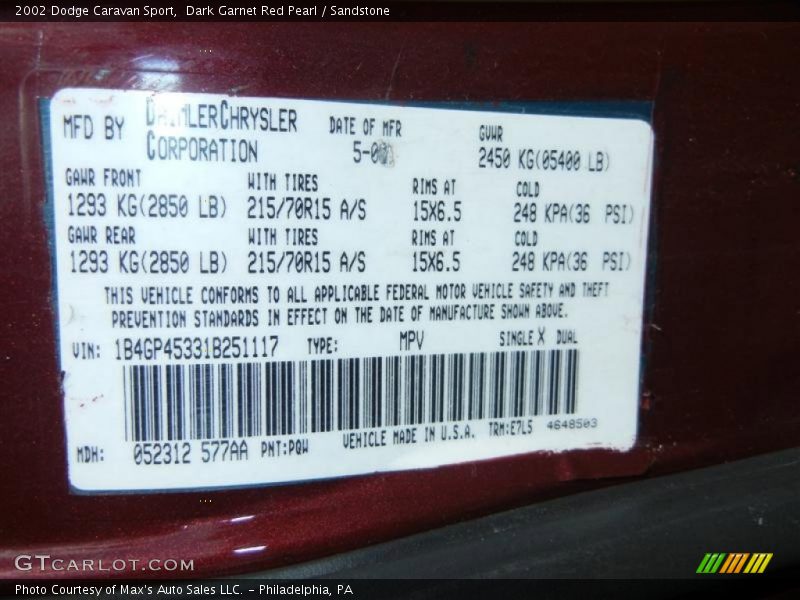 2002 Caravan Sport Dark Garnet Red Pearl Color Code PQW
