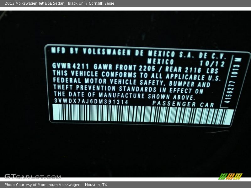 Black Uni / Cornsilk Beige 2013 Volkswagen Jetta SE Sedan
