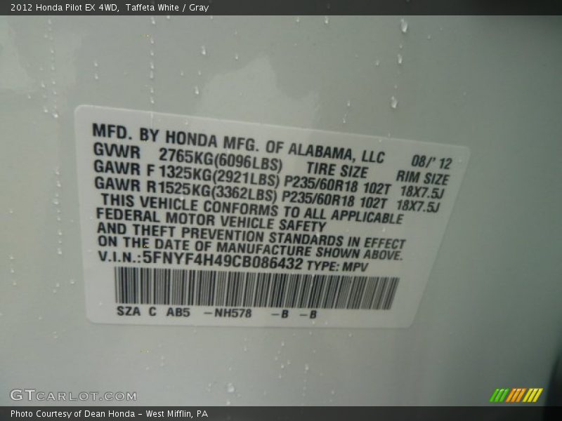 Taffeta White / Gray 2012 Honda Pilot EX 4WD