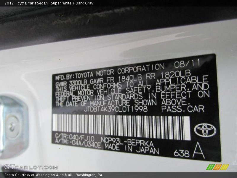 Super White / Dark Gray 2012 Toyota Yaris Sedan