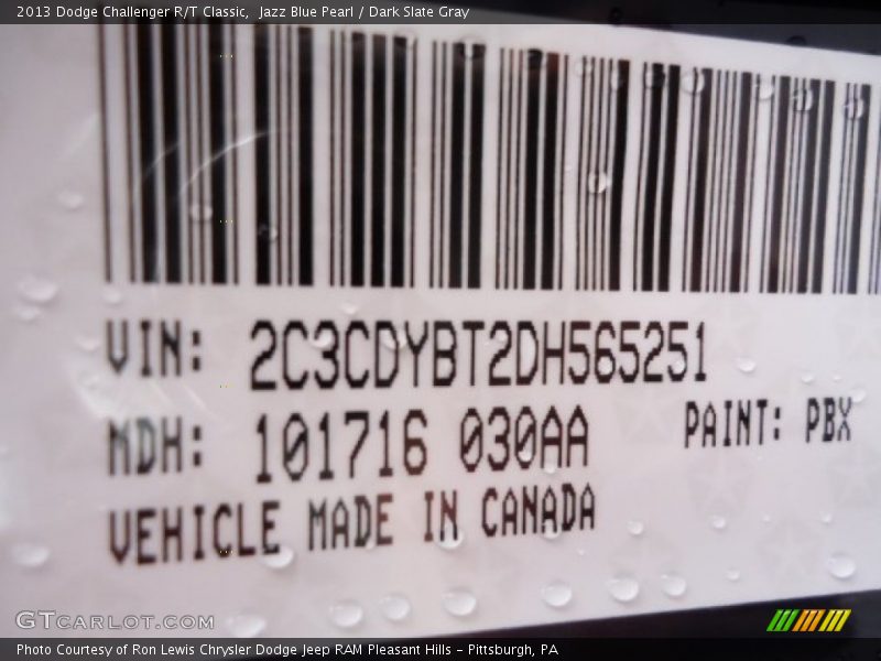 2013 Challenger R/T Classic Jazz Blue Pearl Color Code PBX