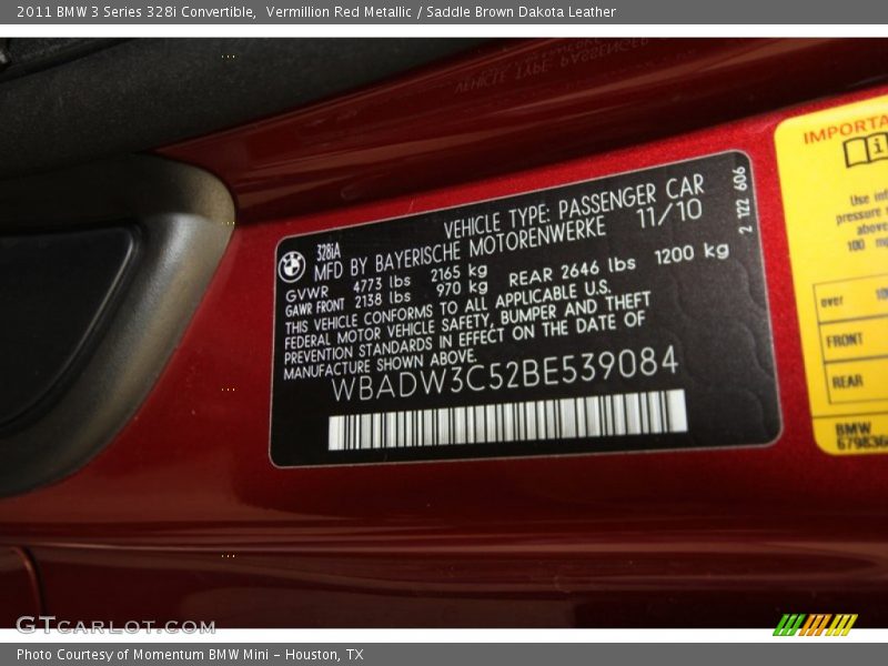 Info Tag of 2011 3 Series 328i Convertible