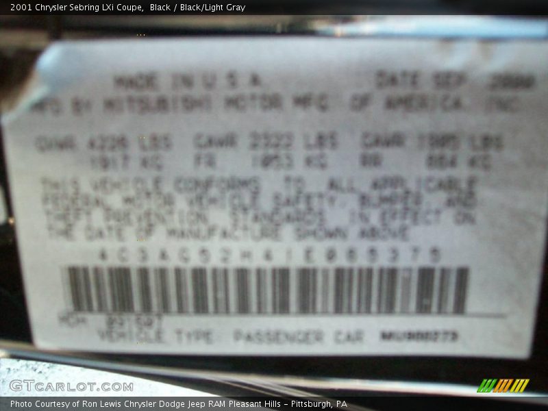 Black / Black/Light Gray 2001 Chrysler Sebring LXi Coupe