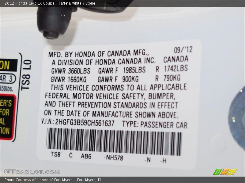 Taffeta White / Stone 2012 Honda Civic LX Coupe
