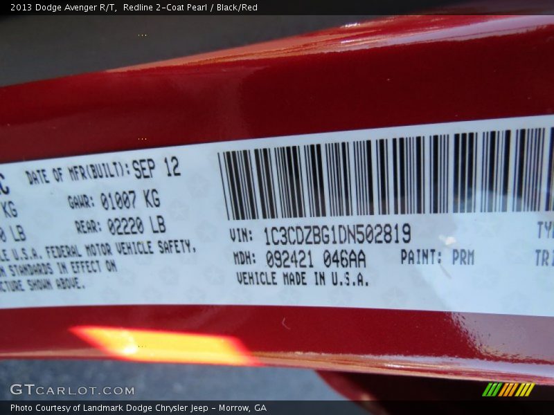 2013 Avenger R/T Redline 2-Coat Pearl Color Code PRM