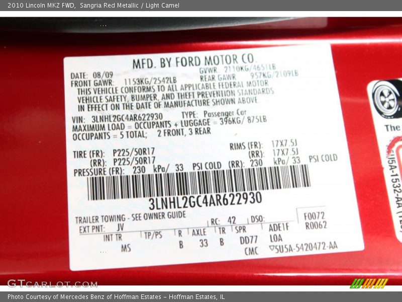 2010 MKZ FWD Sangria Red Metallic Color Code JV