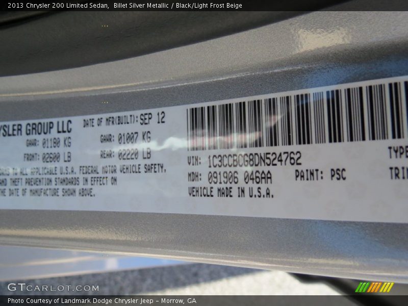 Billet Silver Metallic / Black/Light Frost Beige 2013 Chrysler 200 Limited Sedan