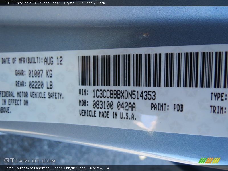 Crystal Blue Pearl / Black 2013 Chrysler 200 Touring Sedan