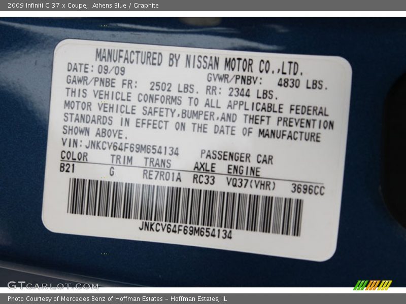 2009 G 37 x Coupe Athens Blue Color Code B21