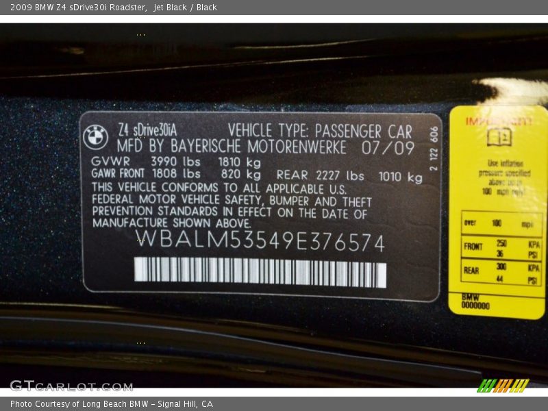 Info Tag of 2009 Z4 sDrive30i Roadster