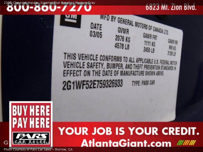 Superior Blue Metallic / Medium Gray 2005 Chevrolet Impala