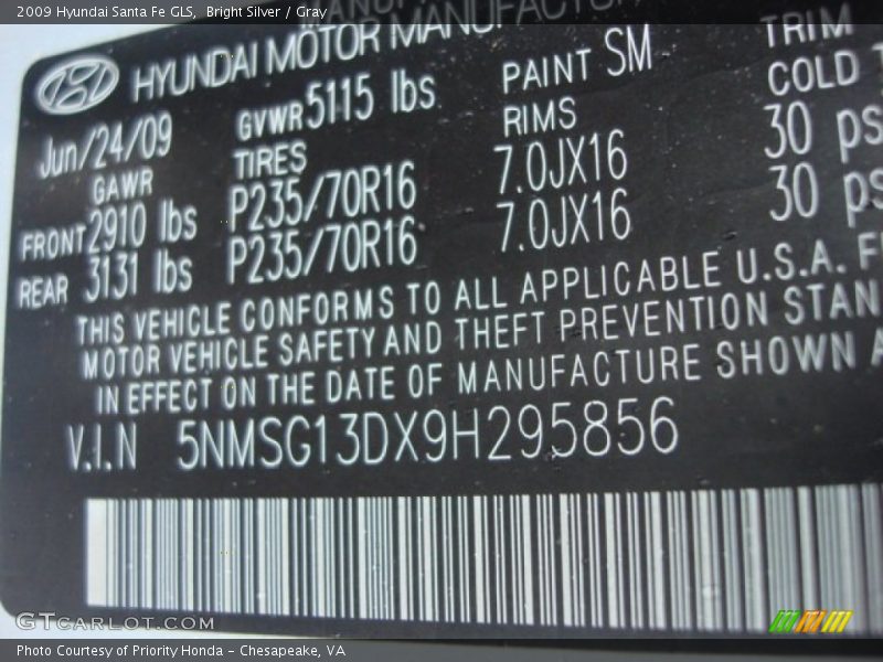 Bright Silver / Gray 2009 Hyundai Santa Fe GLS
