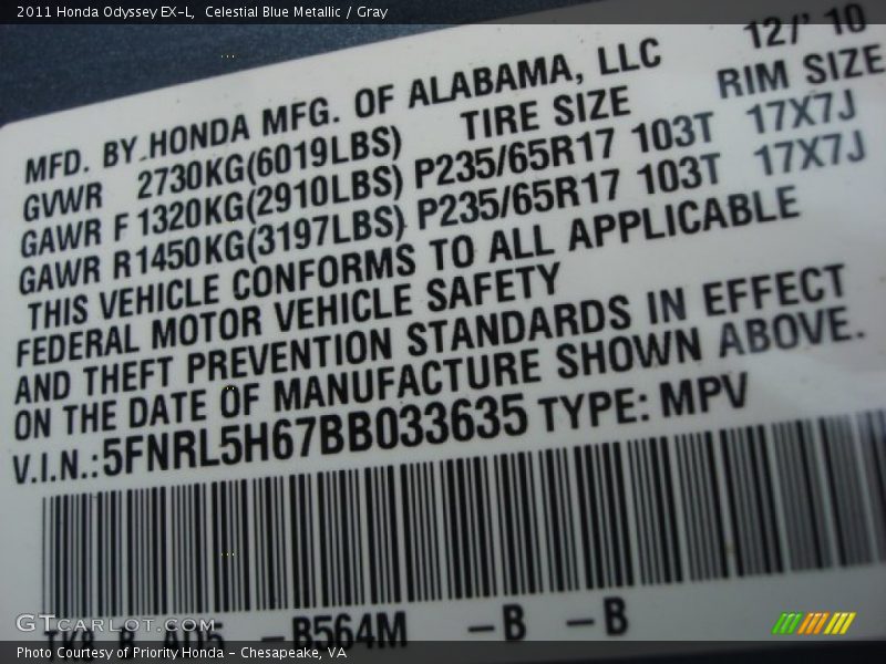 Celestial Blue Metallic / Gray 2011 Honda Odyssey EX-L