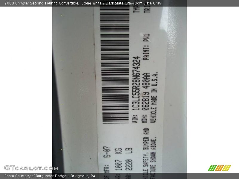 Stone White / Dark Slate Gray/Light Slate Gray 2008 Chrysler Sebring Touring Convertible