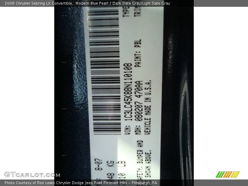 Modern Blue Pearl / Dark Slate Gray/Light Slate Gray 2008 Chrysler Sebring LX Convertible