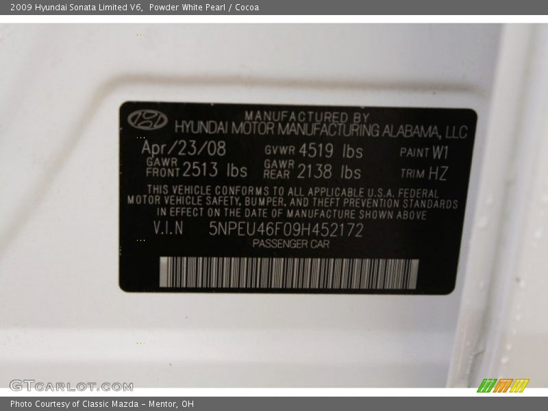 Powder White Pearl / Cocoa 2009 Hyundai Sonata Limited V6