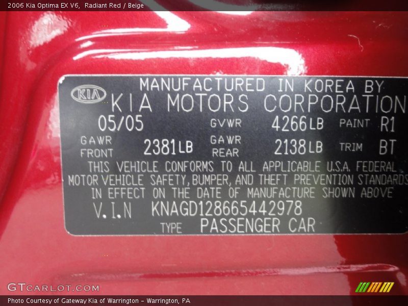 2006 Optima EX V6 Radiant Red Color Code R1