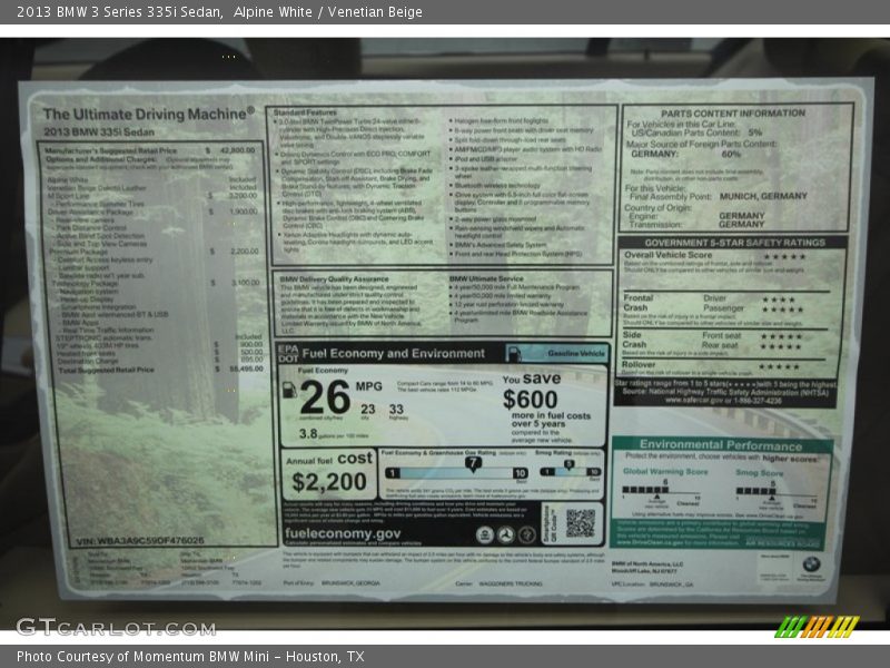  2013 3 Series 335i Sedan Window Sticker