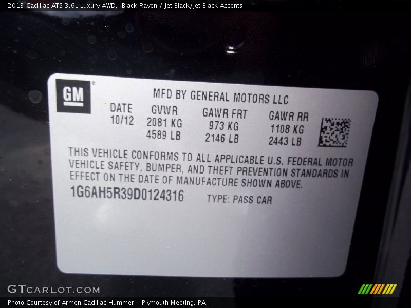 Info Tag of 2013 ATS 3.6L Luxury AWD