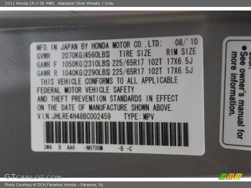 2011 CR-V SE 4WD Alabaster Silver Metallic Color Code NH700M