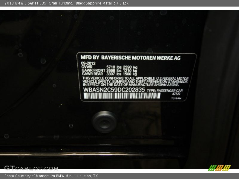 2013 5 Series 535i Gran Turismo Black Sapphire Metallic Color Code 475