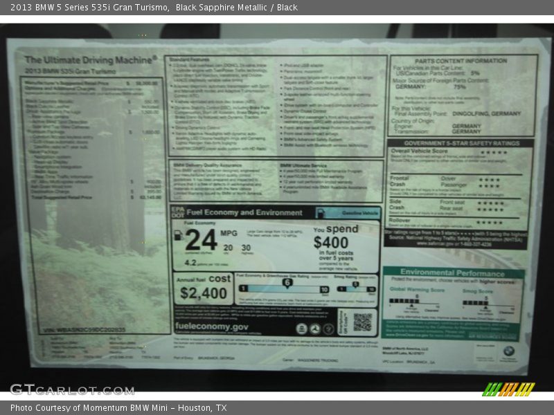  2013 5 Series 535i Gran Turismo Window Sticker