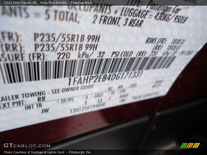 Ruby Red Metallic / Charcoal Black 2013 Ford Taurus SEL