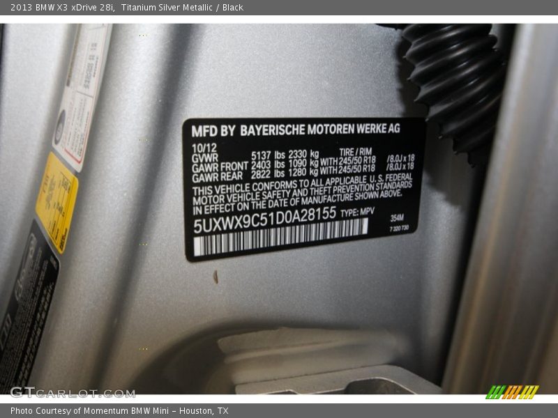 2013 X3 xDrive 28i Titanium Silver Metallic Color Code 354