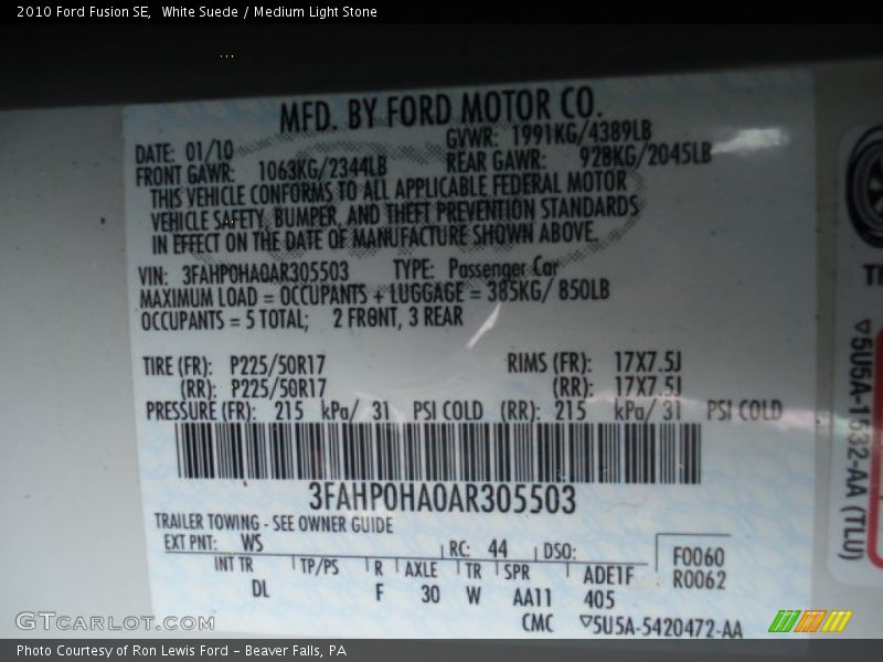 White Suede / Medium Light Stone 2010 Ford Fusion SE